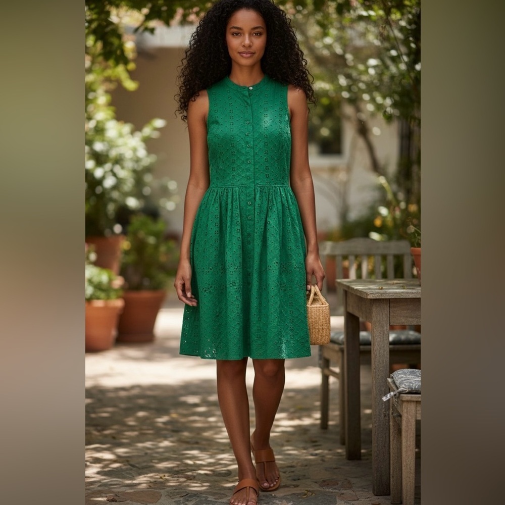 J. Crew Green Sleeveless Eyelet Fit & Flare Midi Dress